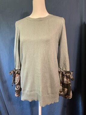LOFT Olive Green Knit Top with Paisley Bell Sleeve Ties